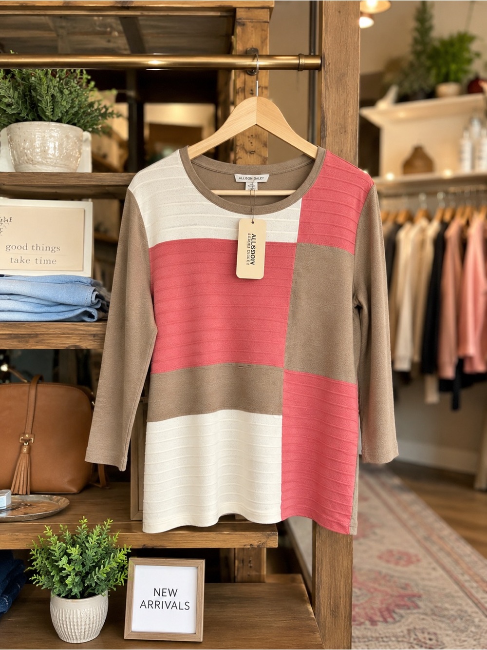 Allison Daley NWT Colorblock Knit Sweater Top Coral Pink Taupe Ivory Large - Picture 2 of 11